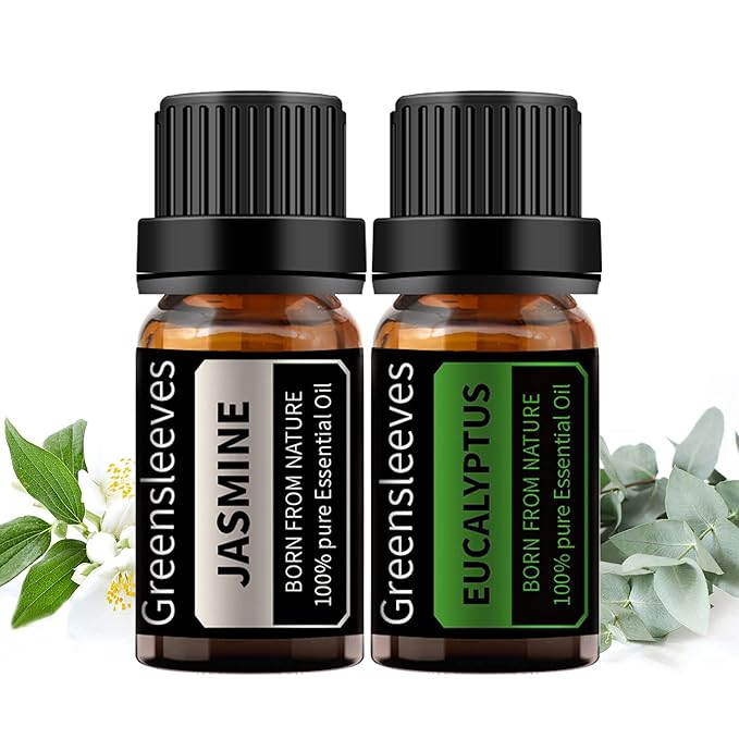 GREENSLEEVES Jasmine Eucalyptus Essential Oil Set, 2 x 10ml Pure Plant-Based Fragrance Oil for Aromatherapy, Essential Oils for Diffuser, Massage, Bath Bomb, Scented Candle Soap Making