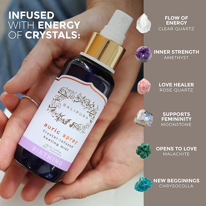 BALIPURA - Birthing Crystal Aura Spray - Sage, Jasmine & Vanilla Essential Oil Blend - Quartz and Amethyst Gemstones - Astra Aromatherapy Mist for Stress Relief, Deep Pillow and Lavender Sleep Spray