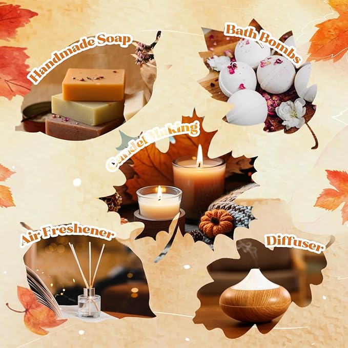 Autumn Essential Oils Set, 6 Premium Fall Fragrance Oils for Diffuser for Home, Aromatherapy Oils for Pumpkin Crunch Cake, Apple Pie, Flannel, Marshmallow, Magic,Leaves Scents for Soap Candle Making