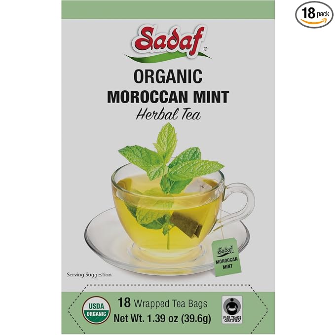 Sadaf Organic Moroccan Mint Tea - Mint Tea Bags - Ideal for Hot or Iced Tea - Organic Herbal Tea - Kosher - 18 Wrapped Tea Bags