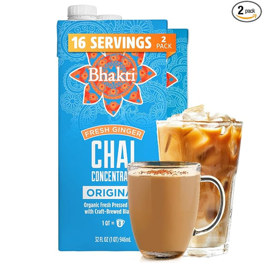 Bhakti Chai Tea Concentrate | Original, Organic Fresh Ginger, Black Tea, Sweetened, Spiced, Dairy-Free, Vegan (Pack of 2)