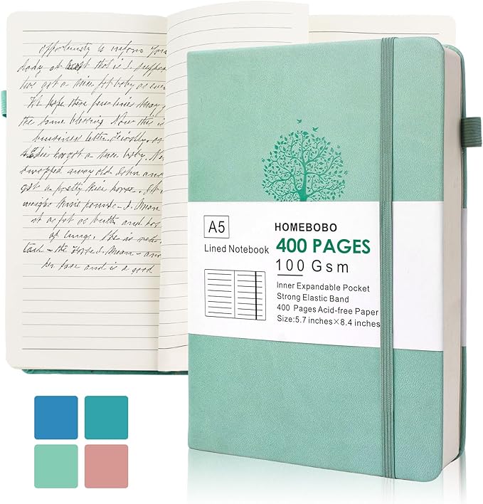 Journals for Writing, A5 Leather Ruled Notebook with 400 Pages, 100 Gms College Ruled Journal with Thick Paper, Hardcover with Inner Pocket & Pen Holder, Bluish Green