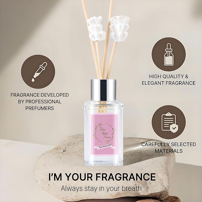 Reed Diffuser Set, Pretty Valley Home Mini Gypsum Flower Fragrance Diffuser Lavender 1.01 fl oz (30 ml), Home Fragrance Reed Diffuser for Bathroom Office Living Room Dining Table Decor (SILK BLOMSSON)