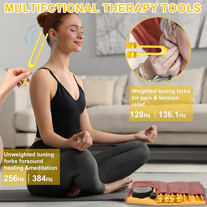 Tuning Forks for Healing Set (Gold) – Includes 128Hz, 136Hz, 256Hz, 384Hz & Activator, Portable in Red Leather Pouch – Medical Grade Sound Healing Instruments for Chakra, Yoga, and Meditation