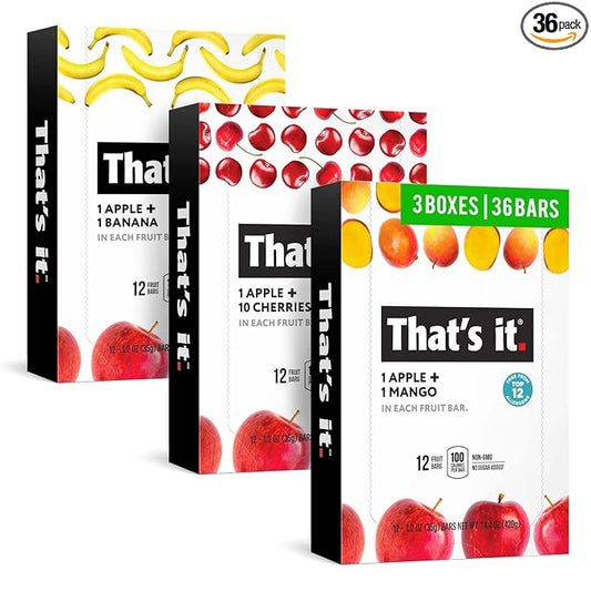 That’s it. Variety, 100% Natural Real Fruit Bar, High Fiber Vegan, Gluten Free Healthy Snack, Paleo for Children & Adults, Non GMO No Added Sugar, (Mango, Cherry, Banana) (36 Pack)