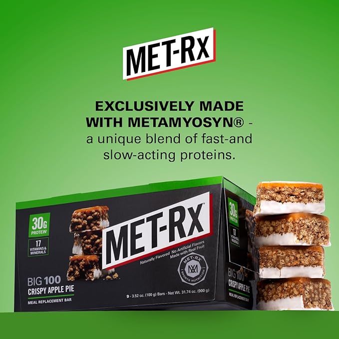 MET-Rx Big 100 Colossal Protein Bars, Crispy Apple Pie Meal Replacement Bars, 9 Count