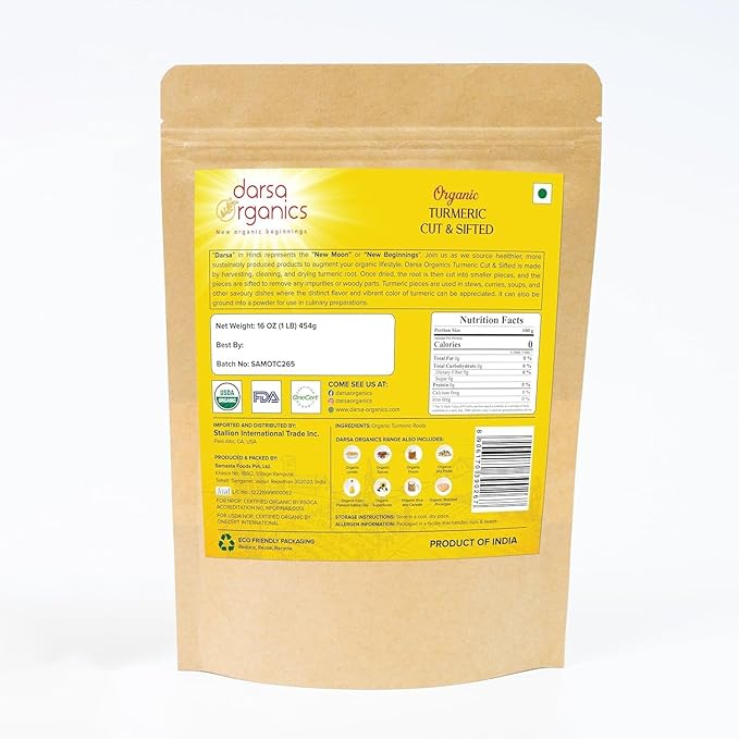 Darsa Organics Turmeric Root (Cut & Sifted) 16 oz, Premium Grade USDA Organic Curcuma longa, Great for Teas, Smoothies, Pickling & Golden Milk, Non-GMO, Gluten-Free, Vegan, Kosher