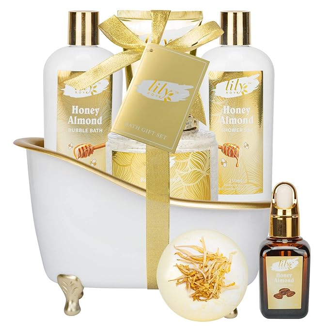 Christmas Gifts for Women - 7-Piece Honey Almond Spa Gift Set, Bath & Body Gift Set, Bath Collection with Bath Bomb | Mothers Day Gifts for Mom, Fathers Day, Birthday Gifts, Holiday Present for Women