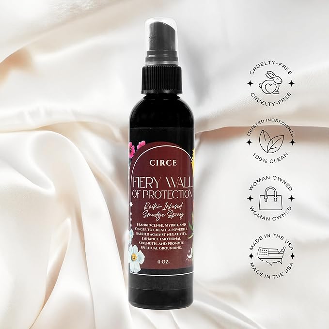 Circe Fiery Wall of Protection Smudge Spray – 100% Natural Smoke Free Alternative for Energetic Protection of Self & Space - Frankincense, Myrrh & Ginger - Negativity Guard, Self Care, Gift - 4oz