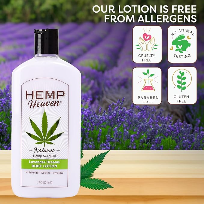 Hemp Heaven Lotion - Moisturizing Body Lotion with Natural Hemp Seed Oil & Lavender dreams Scent, 12 oz, Paraben-Free Hemp Lotion for Women & Men, Made in USA, Soothes & Nourishes