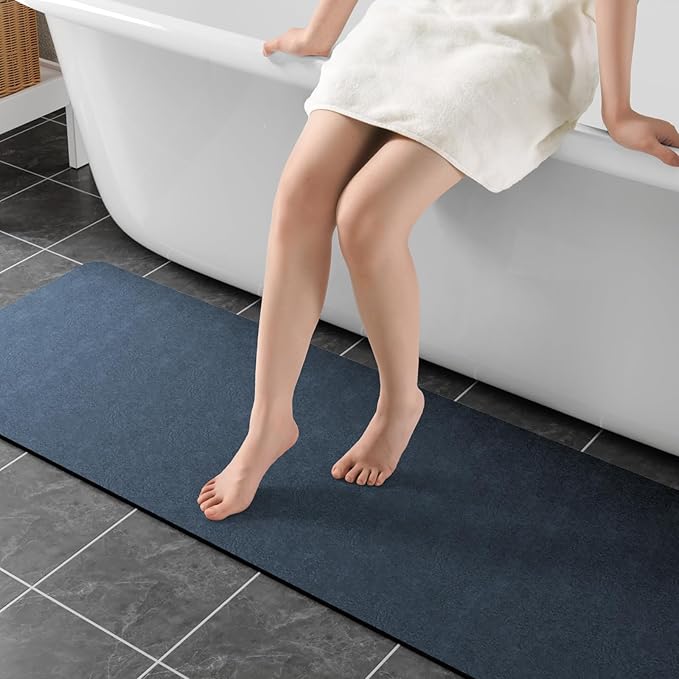 Bathroom Mat Rugs 47x17, Long Diatomaceous Earth Bath Mat Large Quick Dry Bath Mat Non Slip Rubber Backed Super Absorbent Shower Mat, Thin Bathroom Runner Rugs Floor Mat Fit Under Door, Navy Blue