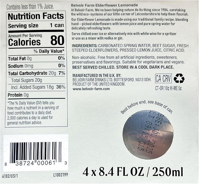 Belvoir Farms Sparkling Elderflower Flavored Lemonade | Delicious On It's Own Or As A Mixer | Product of The UK | 4 Cans, 8.4 fl oz (250mL)