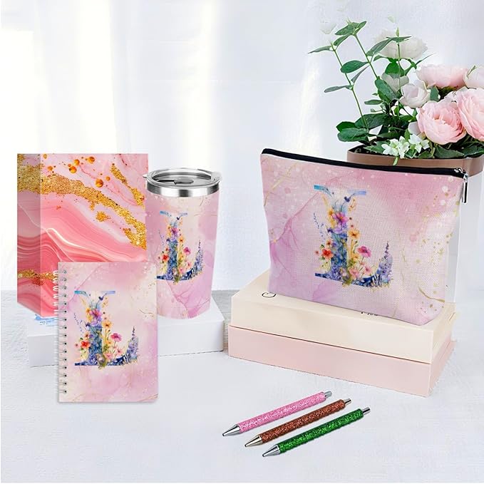 Personalized Gifts Monogrammed Birthday Gifts for Women, Mama New Mom Thanksgiving Wedding Christmas Initial 20 oz Tumbler, Makeup Bag Cup Pens Journal Notebook 6 Set, (Aesthetic Pink Flower L)