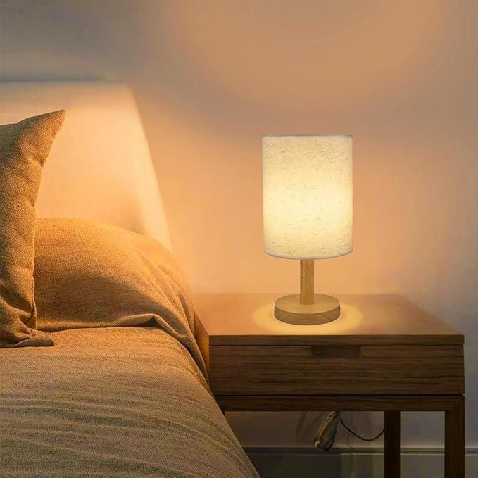 6.3in Bedside Table Lamp for Bedroom, Minimalist Nightstand Lamp with Round Fabric Linen Shade,Study Reading Desk Lamp for Kids Room, Night Table Lamp for Living Room, College Dorm, Home, Office