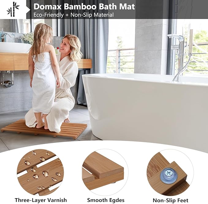 Domax Wooden Bamboo Bath Shower Mat- Non-Slip Waterproof Large Bathroom Floor Mat for Indoor Outdoor (Walnut, 31.3 x 18.1 x 1.5 Inches)