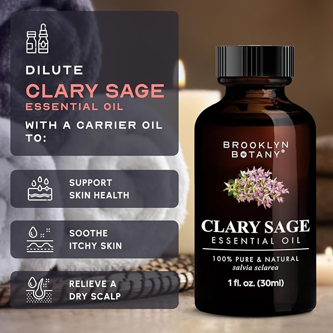 Brooklyn Botany Clary Sage Essential Oil - 100% Pure and Natural - Premium Grade Oil with Dropper - for Aromatherapy and Diffuser - 1 Fl Oz