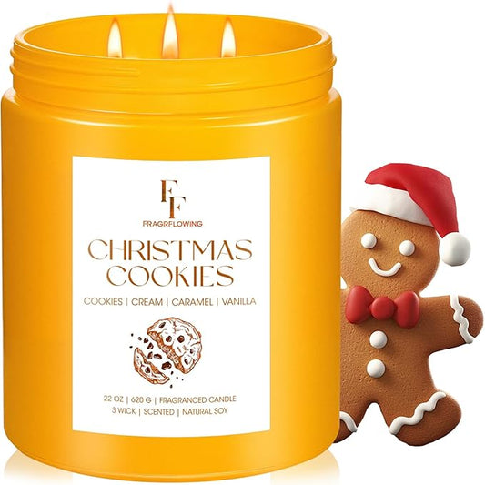 Large Christmas Candle Christmas Cookies Scented, 3-Wick 22oz Long Lasting Scented Candle, Natural Soy Wax Aromatherapy Candle for Home, Holiday Candle Gifts for Women Men