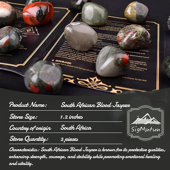 Polished African Blood Jasper Crystal - 2 Pcs of 1.2" Worry Stone for Anxiety, Pocket Palm Stone Super Large Handpicked Natural Tumbled Gemstones for Meditation, Reiki, Chakra Healing, Home Decor