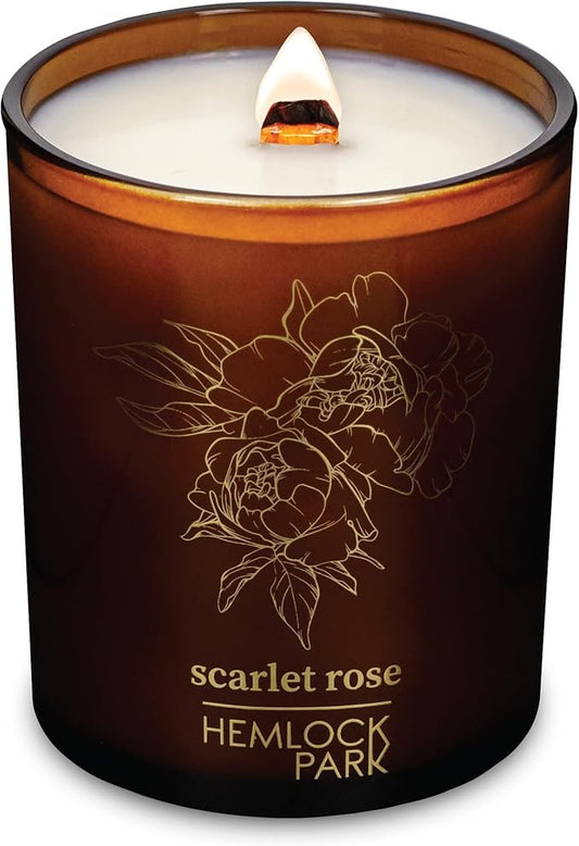 Hemlock Park Wood Wick Candle Handcrafted with Natural Coconut Wax and Essential Oils (Amber & Gold 7.2 oz, Scarlet Rose)