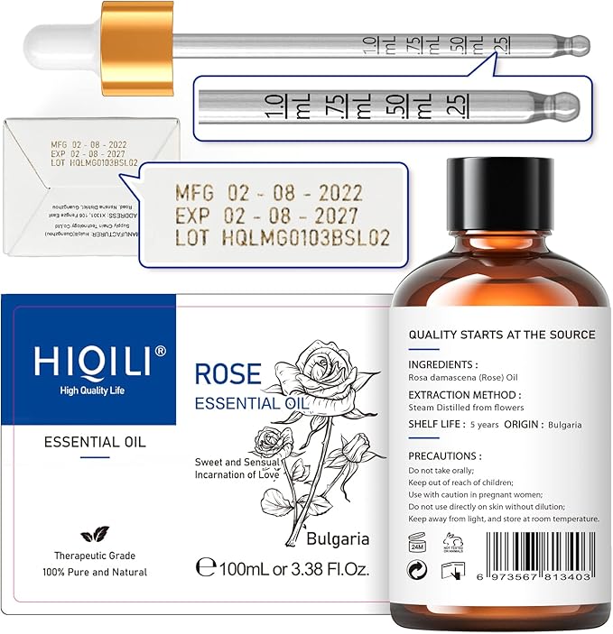 HIQILI 100ML Rose Essential Oil for Skin, Diffuser & Candle, 100% Pure and Natural - 3.38 Fl Oz