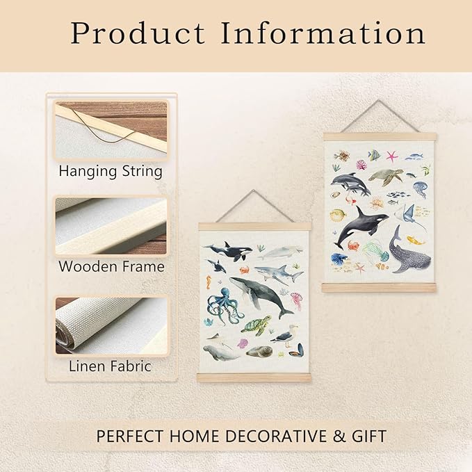 Exqcom Ocean Nursery Decor, Coastal Beach Sea Animal Wall Art Poster, Under the Sea Shark Whale Octopus Turtle Ocean Marine Life Posters for Kids Room Nursery Playroom Classroom, 12x16 Inches Set of 2