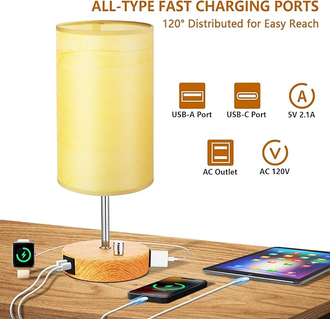 HiBay 17.75" H Dimmable LED Bedside Table Lamps Set of 2 with USB Charging Ports & AC Outlet, Modern Wood-Grain Nightstand Lights for Bedroom, Office, Living Room, Kids Room, E26 Bulb Included