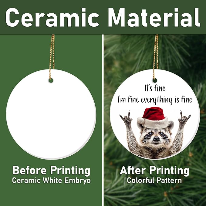 34HD Gifts for Christmas, Raccoon Christmas Ornament Ceramic 2-Side Printed, Gifts for Raccoon Lovers, Women, Men, Friends, Christmas Decorations