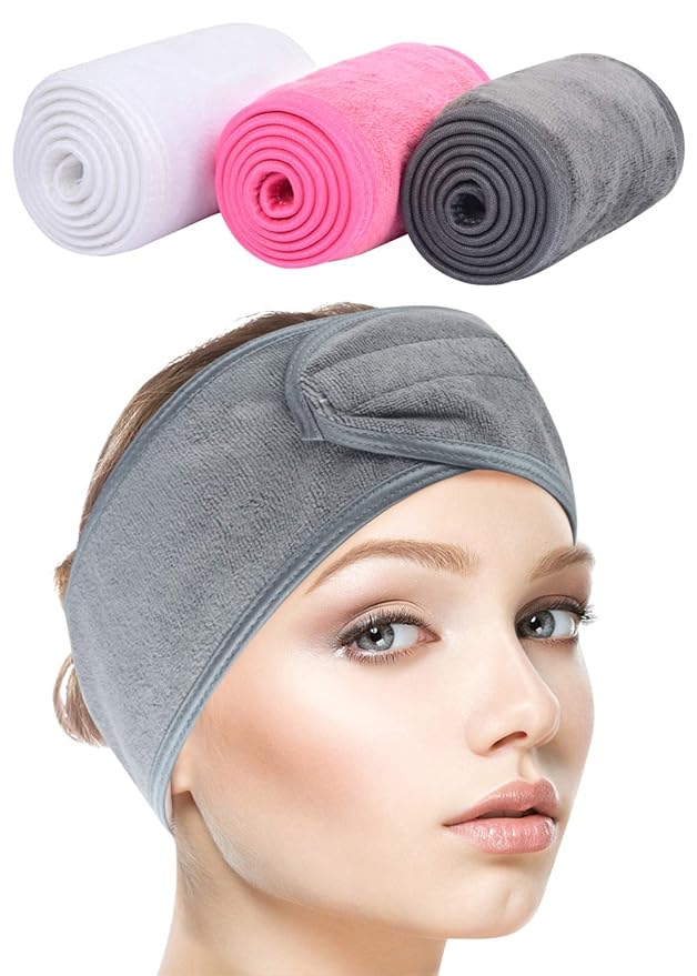 SINLAND Spa Headband for Women 3 Counts Adjustable Makeup Hair Band with Magic Tape,Head Wrap for Face Care, Makeup and Sports