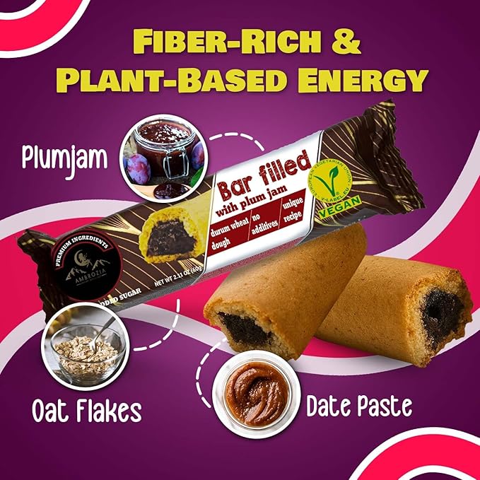 Ambrozia Vegan Snack Bars – Healthy Snack Plum-Filled Bar | Clean-Label, No Added Sugar, Handcrafted in EU | Healthy Romanian-Inspired Fruit Bar for Kids & Adults | 5 x 60g Individually Wrapped
