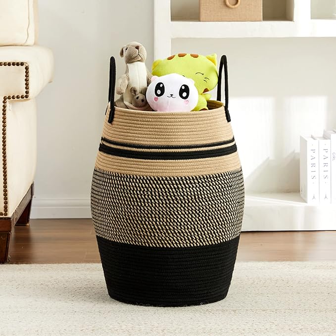 Fiona's magic 65L Cotton Rope Laundry Hamper, Large Woven Tall Laundry Basket for Storage Clothes and Toy in Bedroom, Living Room Organizing, Collapsible, Brown & Black