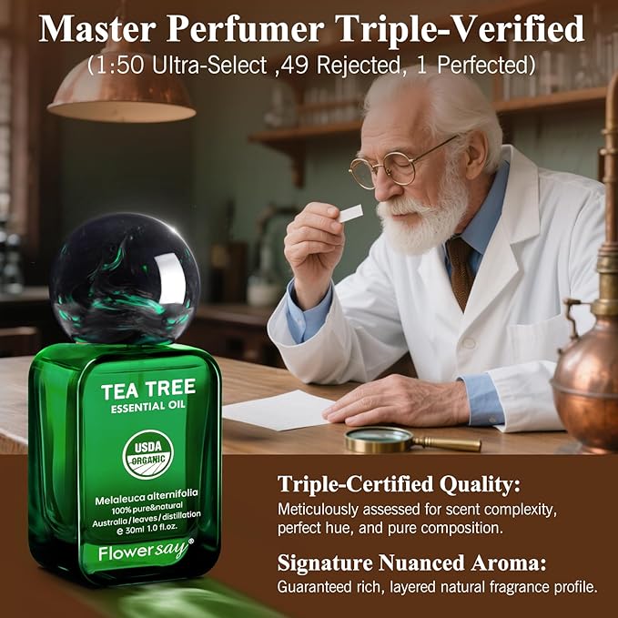 Flower Say Tea Tree Essential Oil for Skin, USDA Organic Tea Tree Oil for Hair, 100% Pure & Nature Essential Oil for Toenails, Diffuser, Aromatherapy-30ml