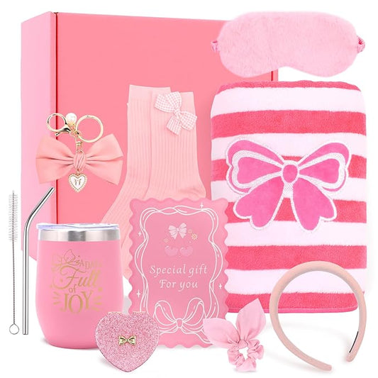 Birthday Gifts for Women Friendship Unique - Pink Bow Birthday Gifts for Teen Girls - Self Care Get Well Soon Presents Basket for Mom Sister Friend Bestie Wife Her Girlfriend Coworkers