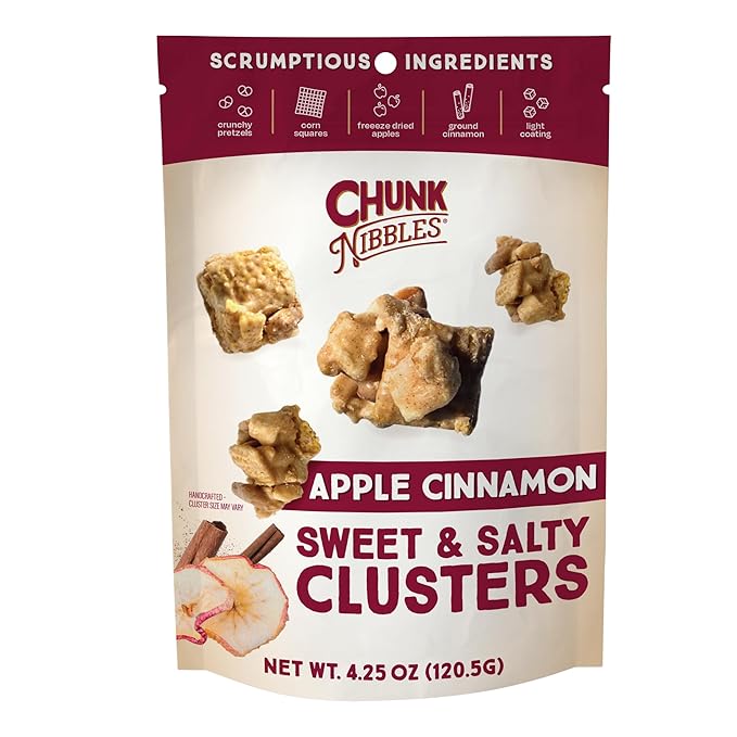 Chunk Nibbles Apple Cinnamon Snack Clusters - Award-Winning Blend with Real Apples, Pretzels & Corn Squares - Cozy Fall Flavor, Handcrafted - Gourmet Treat - 4.25oz Resealable Pouch (3 Pack)