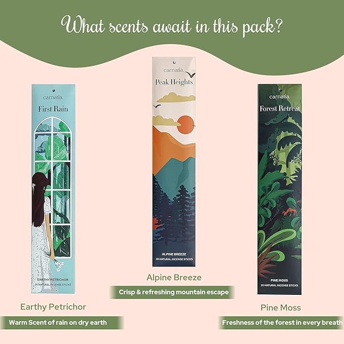 Carnatia Into The Nature Incense Sticks – Set of 6 Fresh, Earthy Scents for Stress Relief, Inner Peace & Clarity | Natural, Long-Lasting Aromas to Reconnect with The Earth Like Never Before!
