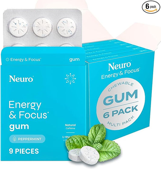 NeuroGum Energy & Focus Gum (54 Count-6 Pack, Peppermint) | 40mg Natural Caffeine + L-Theanine + Vitamin B12 & B6 + Xylitol | Sugar Free Nootropic Cognitive Brain Performance Supplement