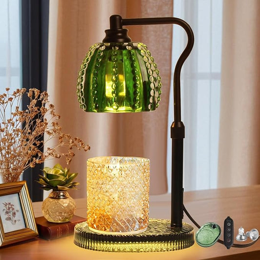 Candle Warmer Lamp with Timer: Adjustable Height and 4 Dimmer, Crystal Glass Base, Heater Wax Warmer for Jar Scented, Home Décor and Housewarming & Birthday Gift for Mom Woman, 2 Bulbs（Jade Green）