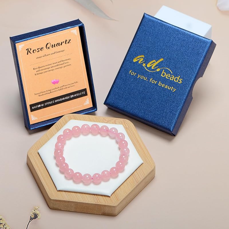 AD Beads Handmade Gemstone Stretch Elastic Bracelet Crystal Healing Reiki Nature's Beauty and Spiritual Essence Unisex (6mm, Rose Quartz)