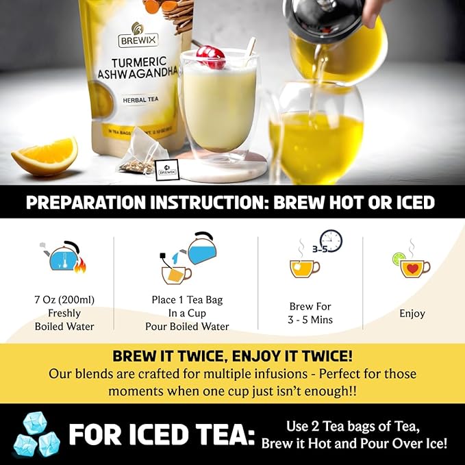 BREWIX, Turmeric Ashwagandha Herbal Tea (50 Pyramid Tea Bags) Adaptogenic Herbs for Stress & Mood Support | Evening Calm & Sleep Support | Real Ingredients From India, Caffeine Free & Naturally Gluten Free