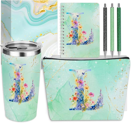 Personalized Gifts Monogrammed Birthday Gifts for Women, Mama New Mom Thanksgiving Wedding Christmas Initial 20 oz Tumbler, Makeup Bag Cup Pens Journal Notebook 6 Set, (Aesthetic Green Flower L)