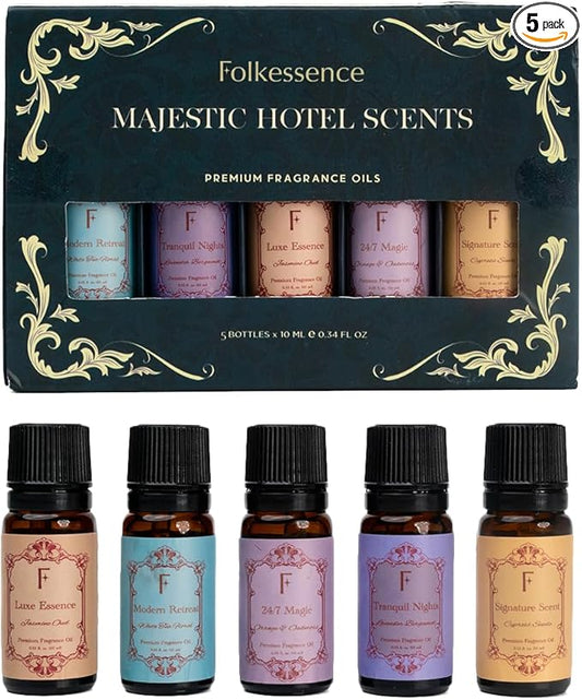 Folkulture Essential Oils for Home | Set of 5 (0.34 fl oz x 5) Hotel Collection Diffuser Oil | Lavender Essential Oil or Oud Oils for Relaxation | Jasmine Essential Oil or Cypress Scents for Women