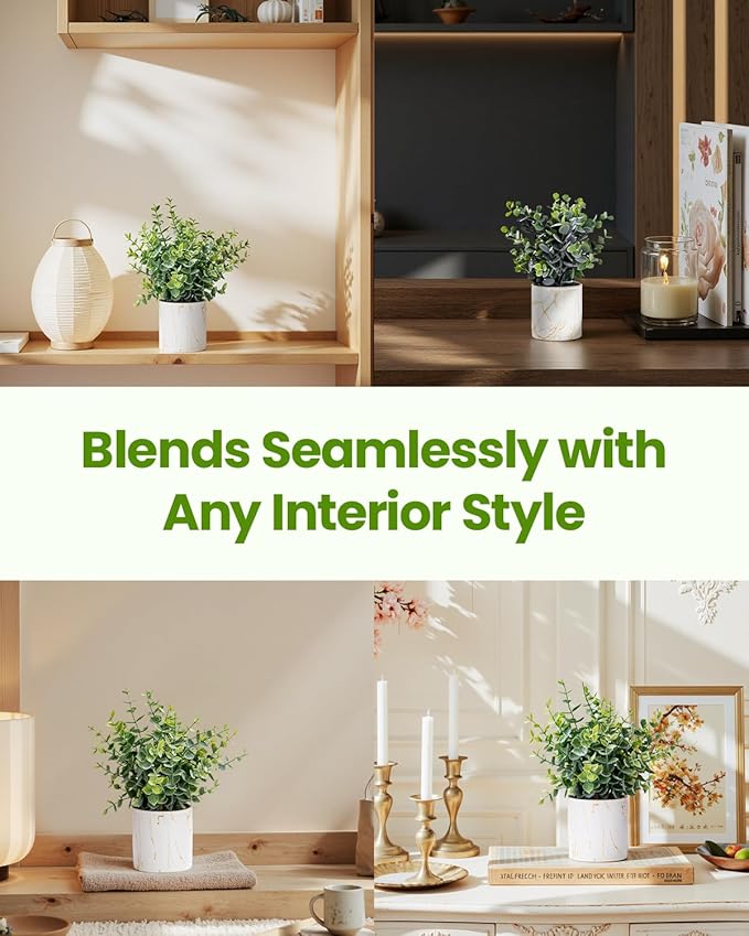 Artificial Eucalyptus Plants in White Ceramic Pots, 2 Pack Faux Greenery Decor with Different Leaf Styles, Small Potted Plants for Shelf, Bathroom, Bedroom, Office Desk, 9.05" Tall