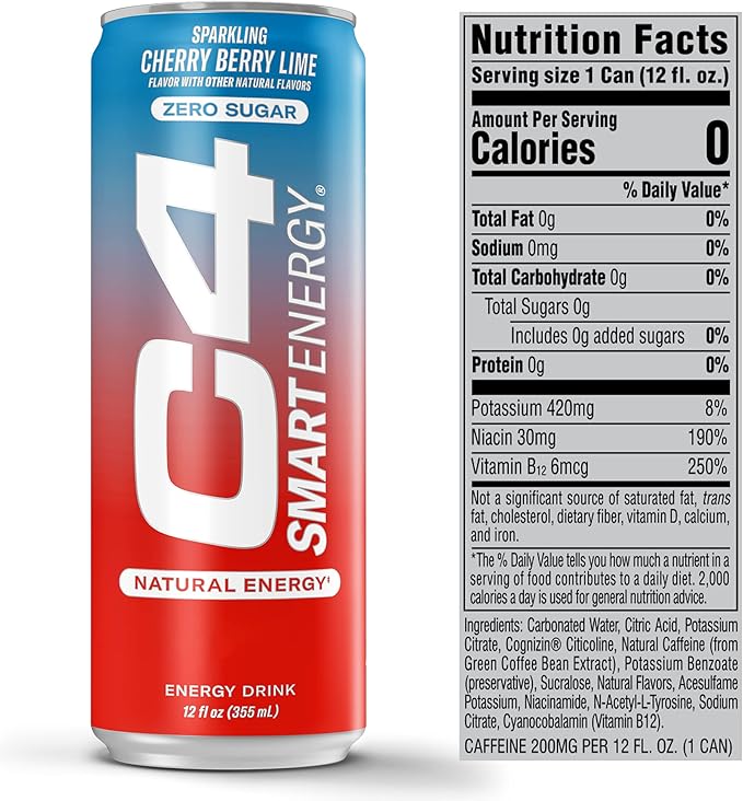 Cellucor C4 Smart Energy Drink – Boost Focus and Energy with Zero Sugar, Natural Energy, and Nootropics - 200mg Caffeine - Cherry Berry Lime (12oz Pack of 12)
