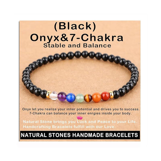 AD Beads Handmade Gemstone Stretch Elastic Bracelet Crystal Healing Reiki Nature's Beauty and Spiritual Essence Unisex (4mm, Onyx & 7-Chakra (Stable and Balance))