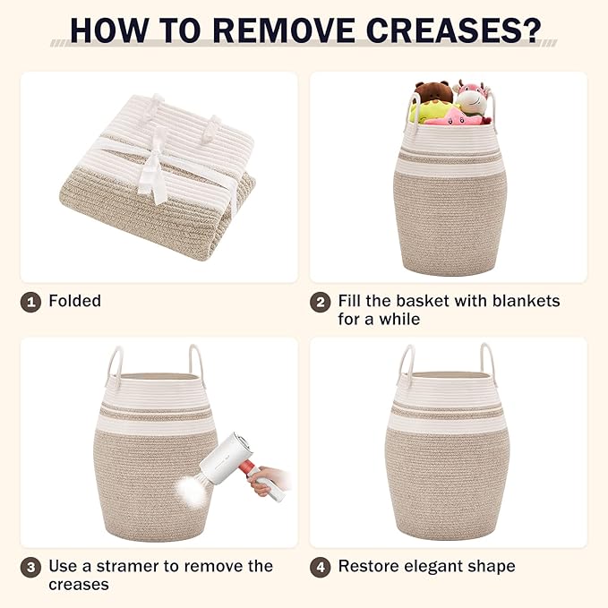 65L Cotton Rope Laundry Hamper by Fiona's magic, Large Woven Tall Laundry Basket for Storage Clothes and Toy in Bedroom, Living Room Organizing, Collapsible, Brown & White