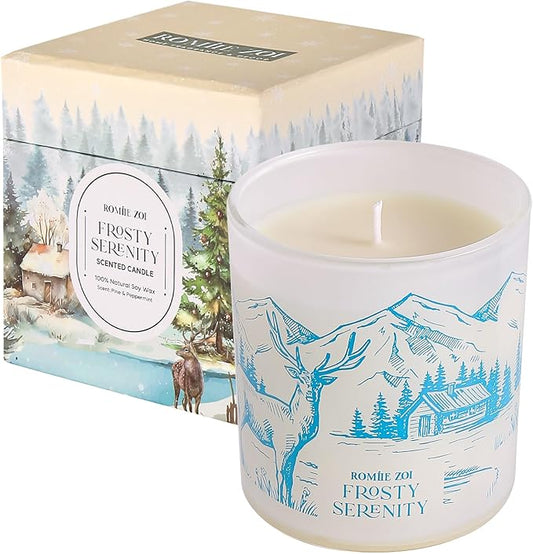 ROMIIE ZOI Christmas Scented Jar Candle - 6oz Soy Wax Candle - Frosty Serenity Infused with Frosted Mint & Fir Aroma - with Beautiful Keepsake Box Special for Christmas/Holiday Gifts