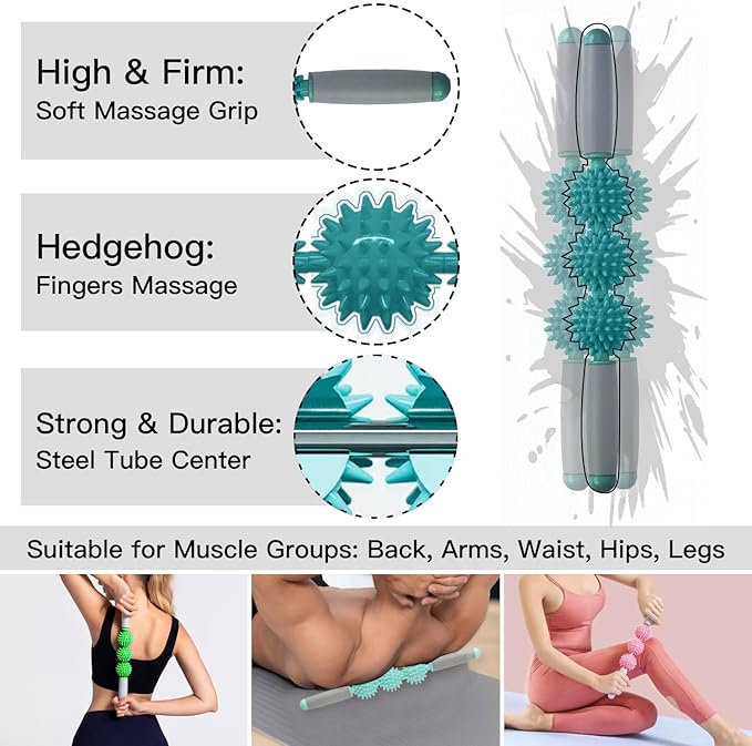 Fascia Muscle Roller, Cellulite Massager Fascia Roller for Cellulite and Sore Muscles, Neck, Leg, Back, Pressure Trigger Point Body Roller Deep Tissue Massage Stick Tools - 3 Massage Balls | Green