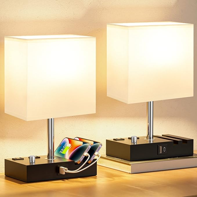 Fully Dimmable Bedside Lamps for Bedroom with USB C Ports, Kakanuo White USB Table Lamp Set of 2, Wooden Desk Lamp with 2 Charging Outlets and Phone Stand for Nightstand and Living Room, Bulb Included