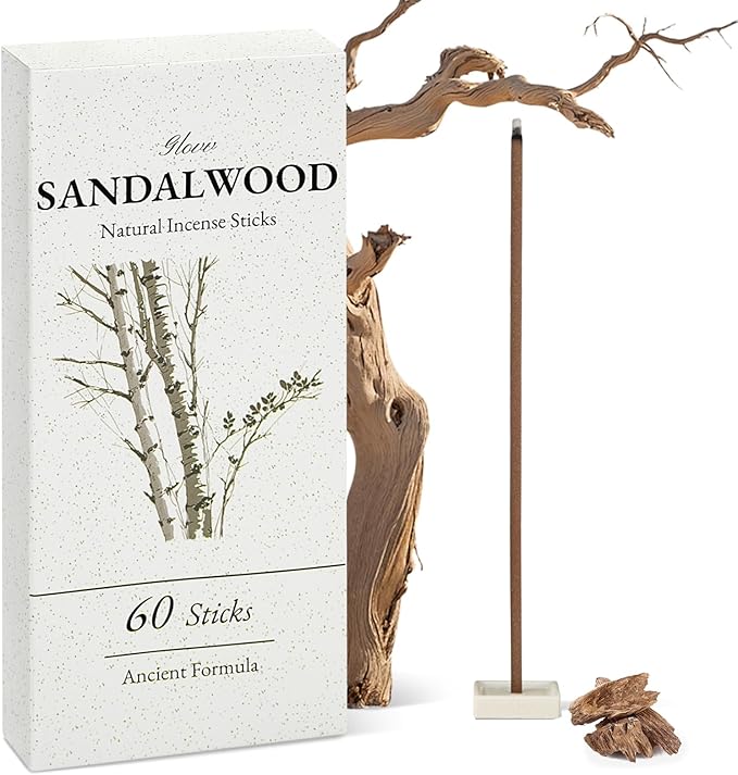 Sandalwood Incense Sticks 60 Pack, Natural Fragrance, Ideal Choice for Yoga, Meditation and Relaxation, Air Purifying Aromatherapy and Long-Lasting Burn
