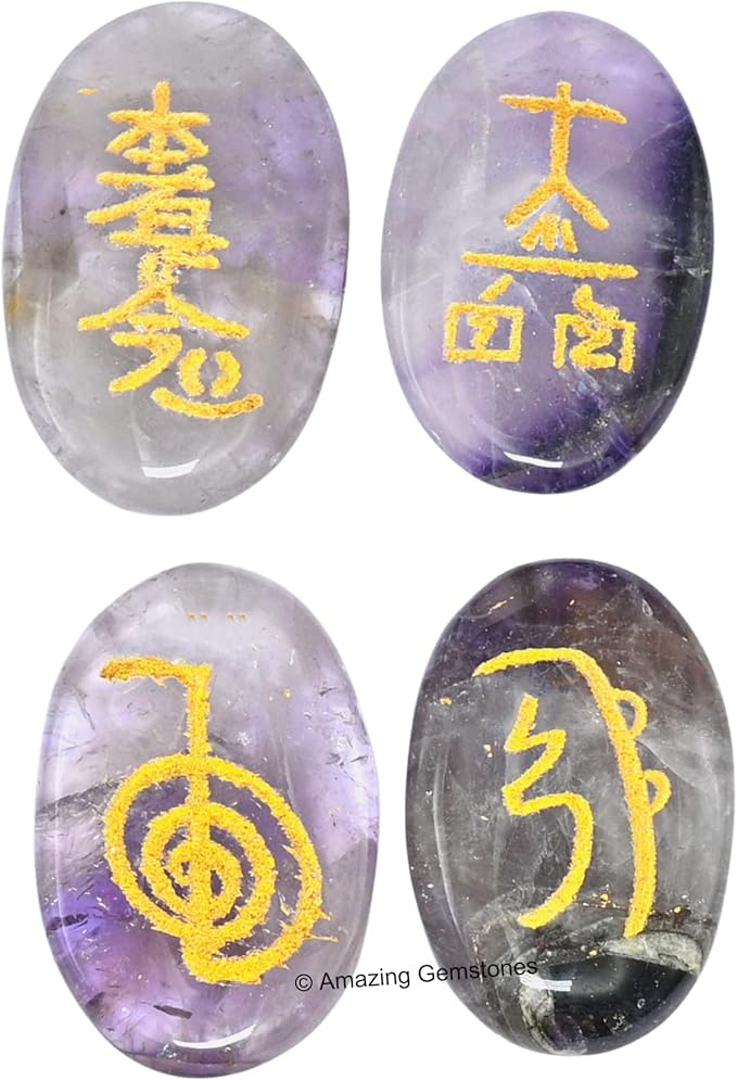 Amazing Gemstone Amethyst Crystal Reiki Stones with Engraved Symbols for Usui Reiki Healing, Set of 4 Pcs (Indian Handmade Reiki Gift Set)