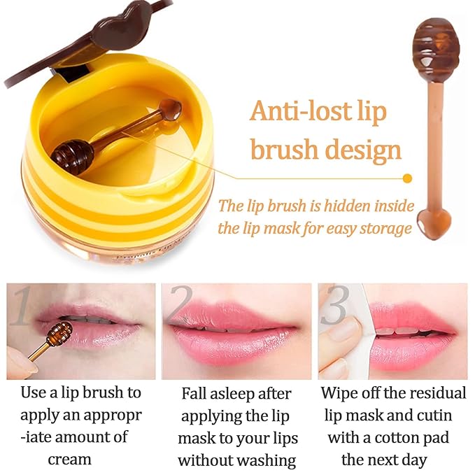 6 PCS Bee Lip Balm Lip Mask Honey Pot, Propolis Lip Mask Overnight Moisturizing Lip Balm with Stick, Sleeping Lip mask Hydrating Prevention Dry & Cracked, Reduce lip Lines